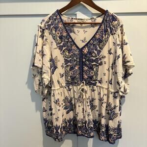 Romantic Gypsy Top Women 3X Blue Floral Boho Peasant Blouse Flutter Sleeve Flowy